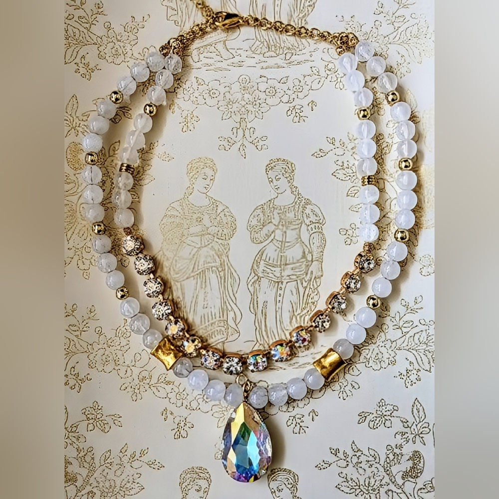 Natural White Jade & Selenite With Swarovski Crystal AB Two Strand Bead Necklace